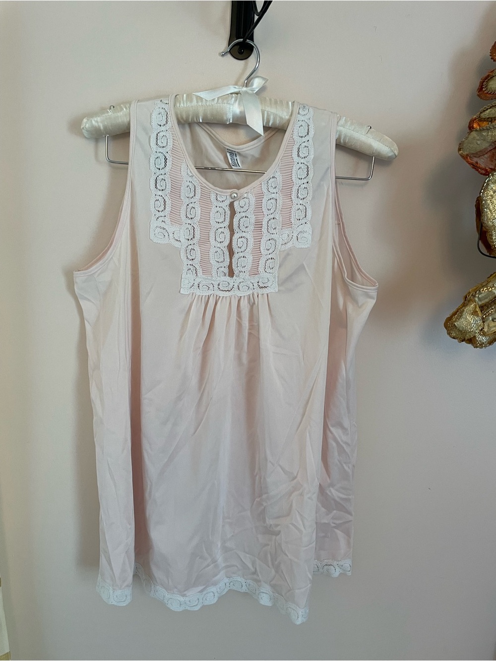Sleeveless Pink Lace-Trim Nylon Babydoll Tank Top Size L
